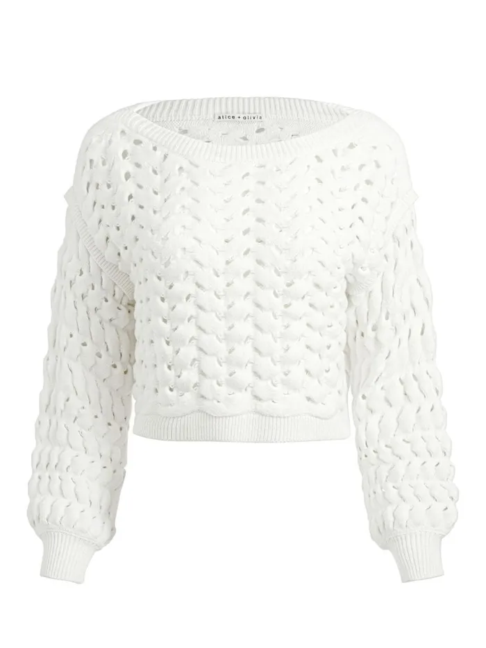 Womens Sweaters Alice Olivia Allene Cable Knit Crewneck Ecru