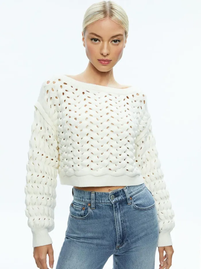 Womens Sweaters Alice Olivia Allene Cable Knit Crewneck Ecru