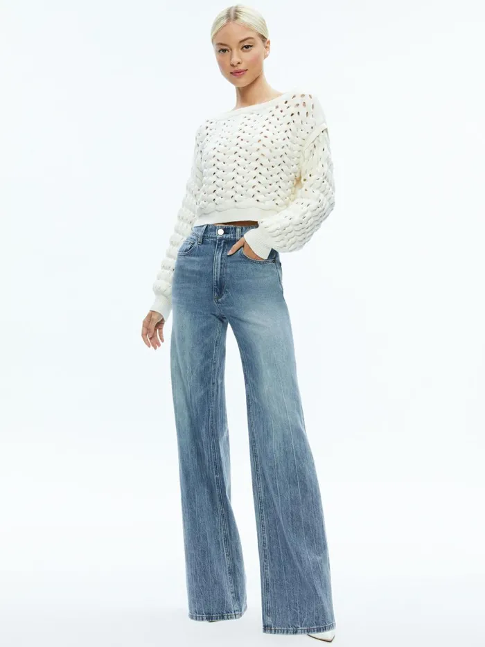 Womens Sweaters Alice Olivia Allene Cable Knit Crewneck Ecru