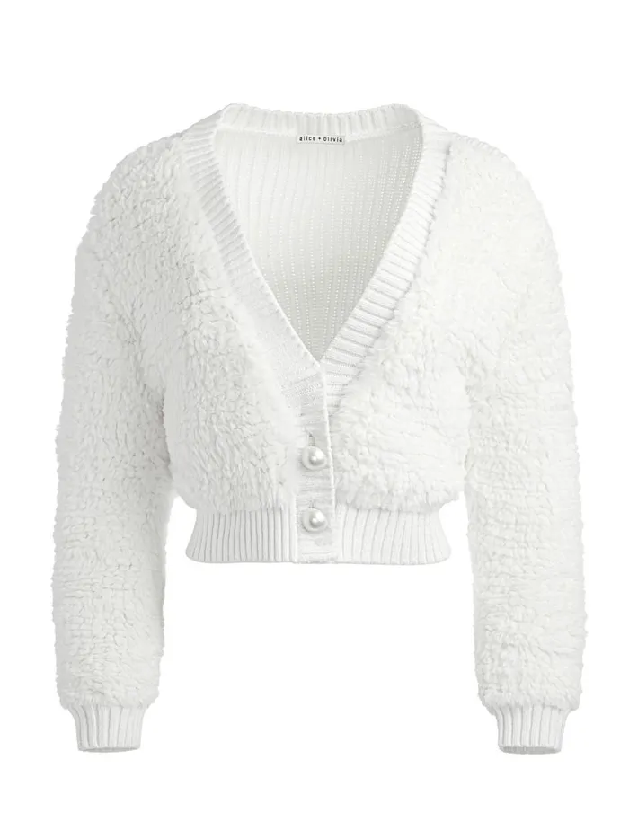 Womens Sweaters Alice Olivia Casilda Faux Fur Cropped Cardigan Soft White