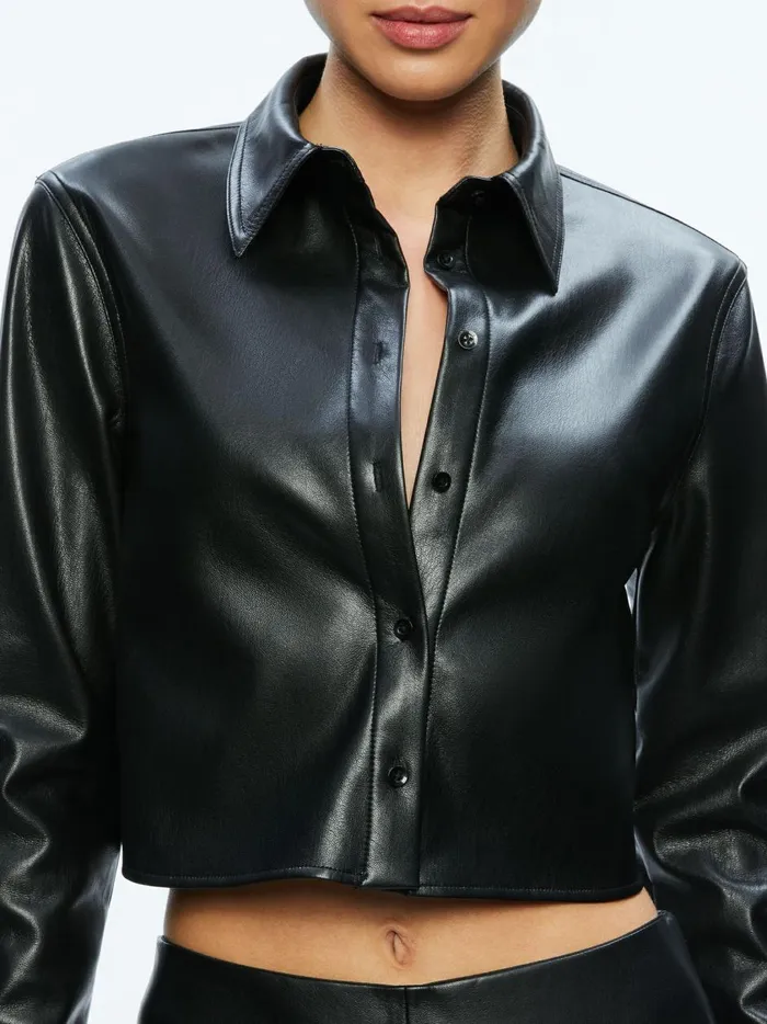 Womens Tops Alice Olivia Leon Cropped Vegan Leather Button Down Black