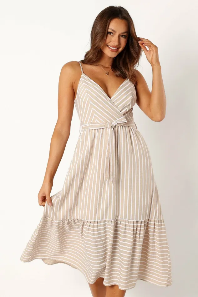 Wrap Dresses Odette Midi Dress Beige Stripe 8211 Petal and Pup Women