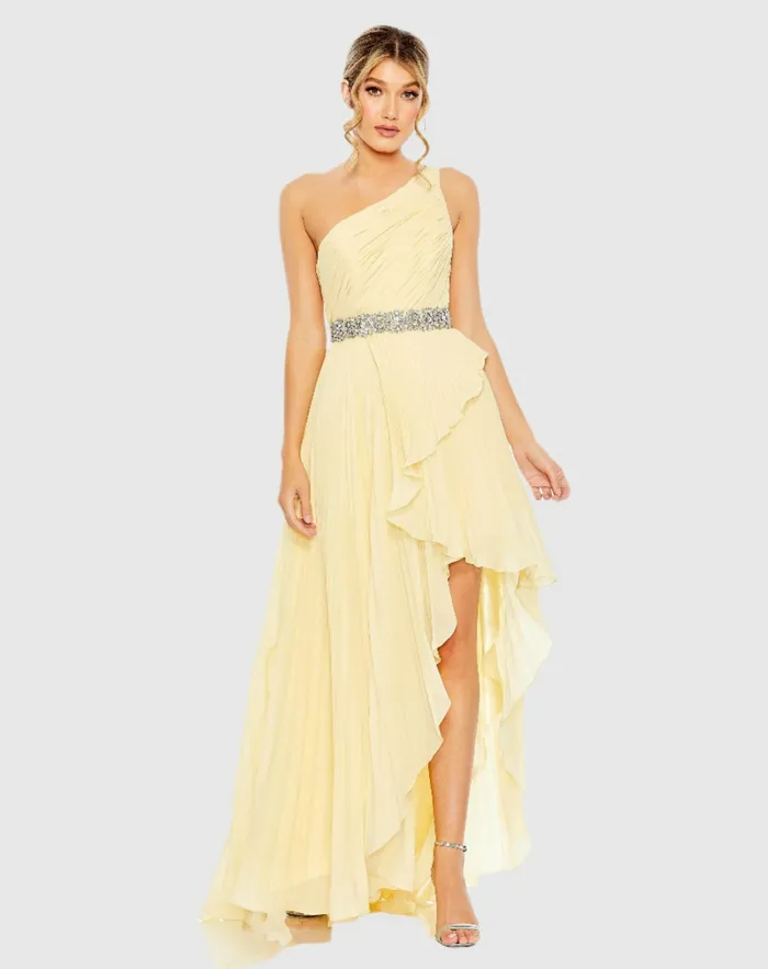 Yellow Pleated One Shoulder Asymmetrical Ruffle Hem Gown Butter Women Evening Gowns Mac Duggal Yellow Pleated One Shoulder Asymmetrical Ruffle Hem Gown Butter Women Evening Gowns Mac Duggal