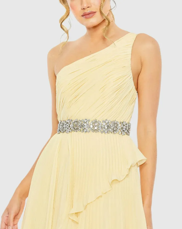 Yellow Pleated One Shoulder Asymmetrical Ruffle Hem Gown Butter Women Evening Gowns Mac Duggal Yellow Pleated One Shoulder Asymmetrical Ruffle Hem Gown Butter Women Evening Gowns Mac Duggal