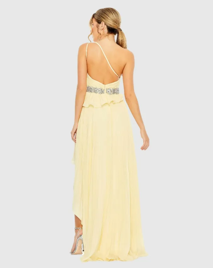 Yellow Pleated One Shoulder Asymmetrical Ruffle Hem Gown Butter Women Evening Gowns Mac Duggal Yellow Pleated One Shoulder Asymmetrical Ruffle Hem Gown Butter Women Evening Gowns Mac Duggal